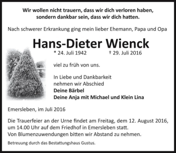 Traueranzeige von Hans-Dieter Wienck  von Magdeburger Volksstimme