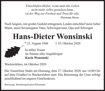 Traueranzeige von Hans-Dieter Wonsinski  von Magdeburger Volksstimme