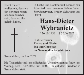 Traueranzeige von Hans-Dieter Wybranietz  von Magdeburger Volksstimme
