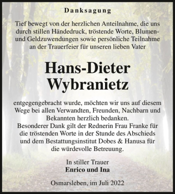 Traueranzeige von Hans-Dieter Wybranietz  von Magdeburger Volksstimme