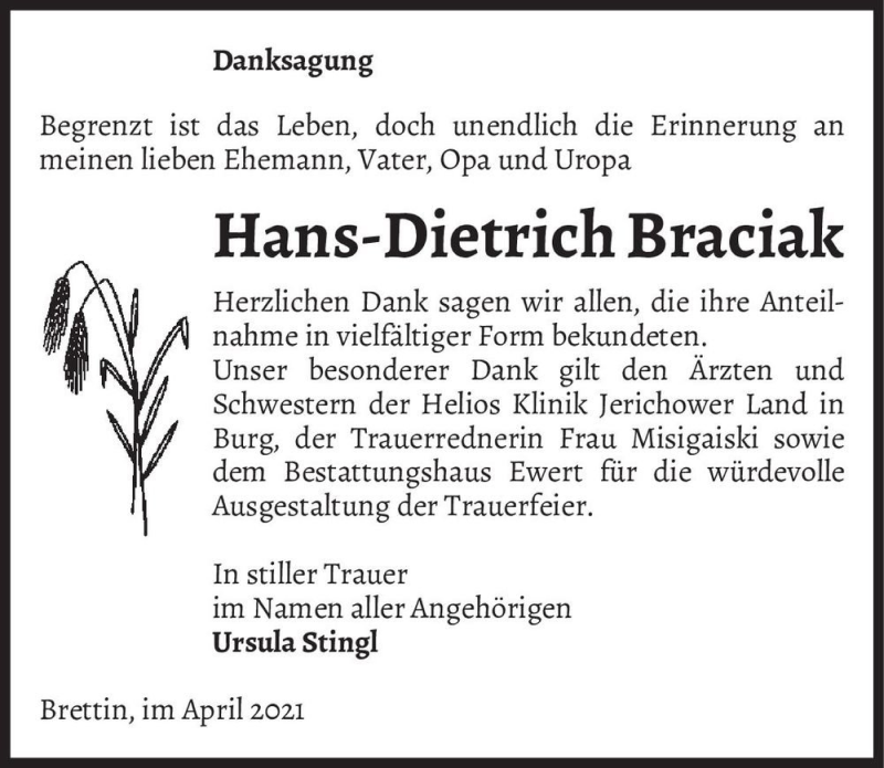  Traueranzeige für Hans-Dietrich Braciak  vom 30.04.2021 aus Magdeburger Volksstimme