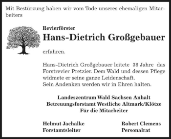Traueranzeige von Hans-Dietrich Großgebauer  von Magdeburger Volksstimme