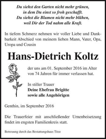 Traueranzeige von Hans-Dietrich Koltz  von Magdeburger Volksstimme
