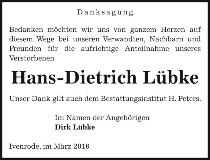  Traueranzeige für Hans-Dietrich Lübke  vom 12.03.2016 aus Magdeburger Volksstimme