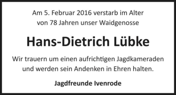 Traueranzeige von Hans-Dietrich Lübke  von Magdeburger Volksstimme