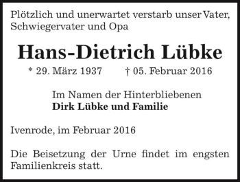 Traueranzeige von Hans-Dietrich Lübke  von Magdeburger Volksstimme