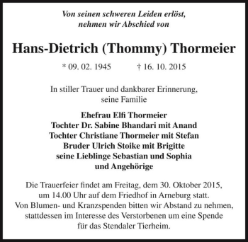 Traueranzeige von Hans-Dietrich Thormeier 