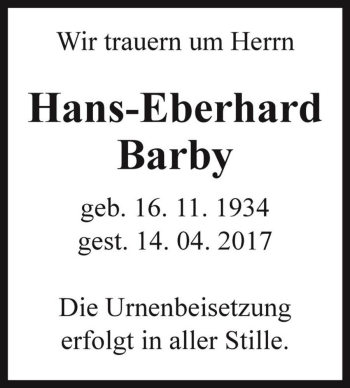 Traueranzeige von Hans-Eberhard Barby  von Magdeburger Volksstimme