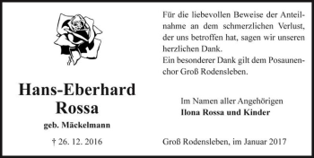Traueranzeige von Hans-Eberhard Rossa (geb. Mäckelmann)  von Magdeburger Volksstimme