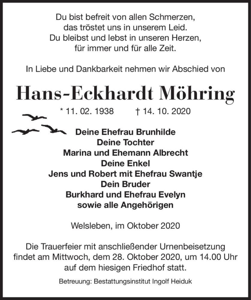  Traueranzeige für Hans-Eckhardt Möhring  vom 17.10.2020 aus Magdeburger Volksstimme