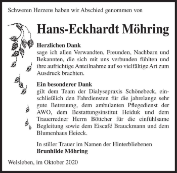 Traueranzeige von Hans-Eckhardt Möhring  von Magdeburger Volksstimme