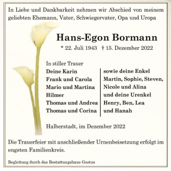 Traueranzeige von Hans-Egon Bormann  von Magdeburger Volksstimme