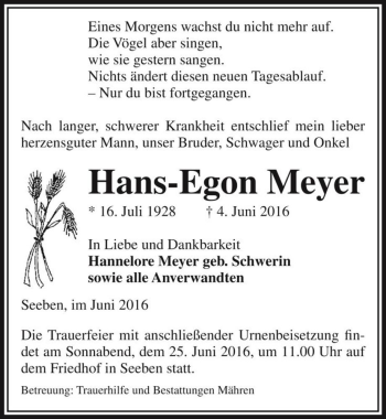 Traueranzeige von Hans-Egon Meyer  von Magdeburger Volksstimme