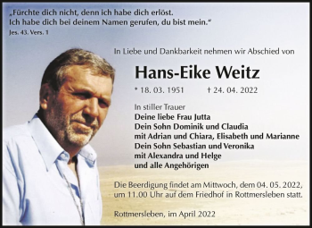 Traueranzeige von Hans-Eike Weitz  von Magdeburger Volksstimme