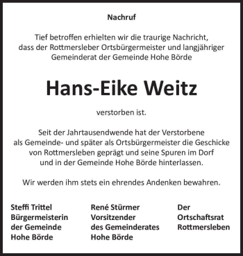 Traueranzeige von Hans-Eike Weitz  von Magdeburger Volksstimme