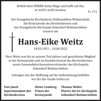 Traueranzeige von Hans-Eike Weitz  von Magdeburger Volksstimme