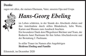 Traueranzeige von Hans-Geor Ebeling  von Magdeburger Volksstimme