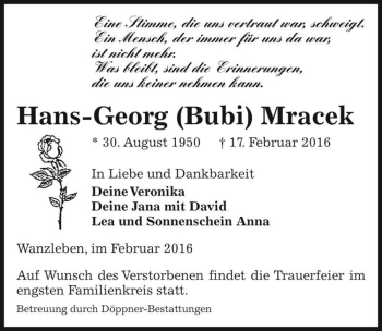 Traueranzeige von Hans-Georg (Bubi) Mracek  von Magdeburger Volksstimme