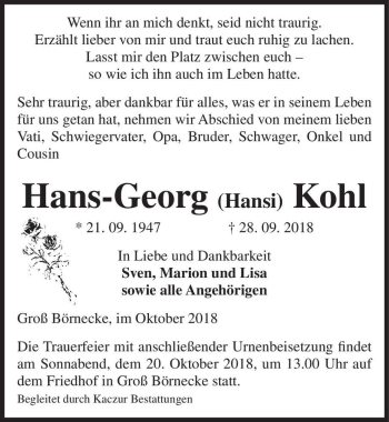 Traueranzeige von Hans-Georg (Hansi) Kohl  von Magdeburger Volksstimme