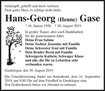Traueranzeige von Hans-Georg (Henne) Gase  von Magdeburger Volksstimme