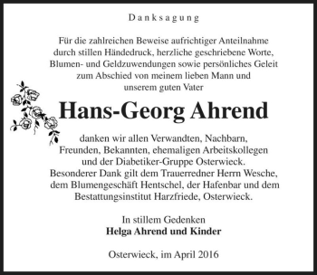 Traueranzeige von Hans-Georg Ahrend  von Magdeburger Volksstimme