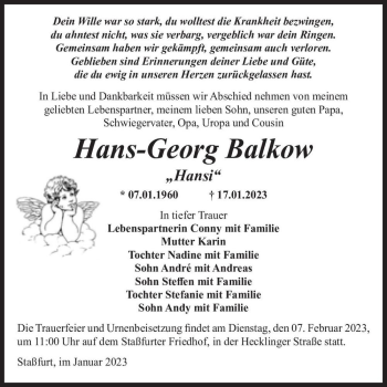 Traueranzeige von Hans-Georg Balkow “Hansi“  von Magdeburger Volksstimme