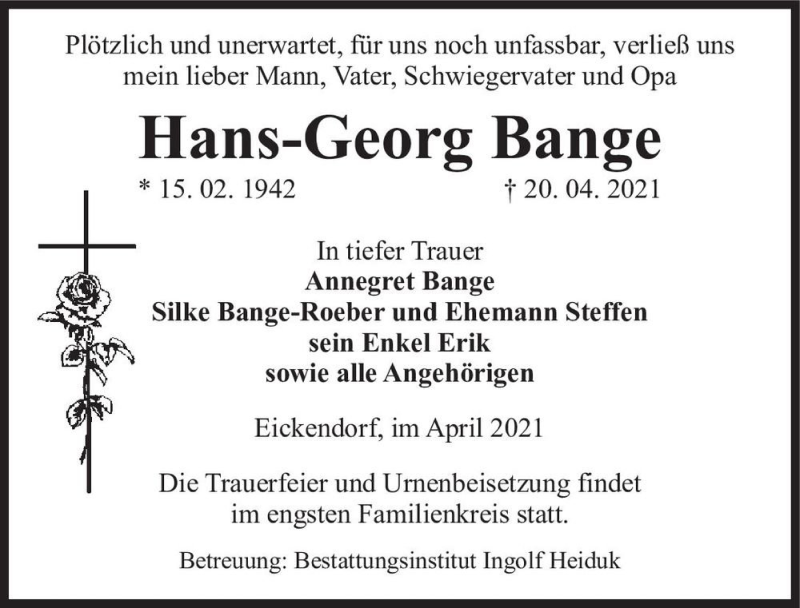  Traueranzeige für Hans-Georg Bange  vom 24.04.2021 aus Magdeburger Volksstimme