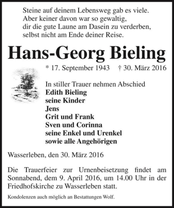 Traueranzeige von Hans-Georg Bieling  von Magdeburger Volksstimme