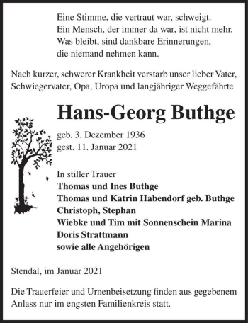 Traueranzeige von Hans-Georg Buthge  von Magdeburger Volksstimme