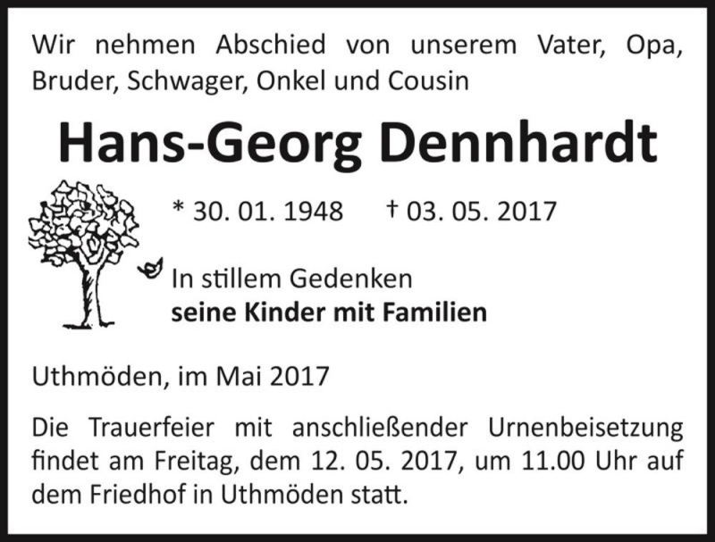  Traueranzeige für Hans-Georg Dennhardt  vom 09.05.2017 aus Magdeburger Volksstimme