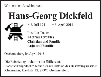 Traueranzeige von Hans-Georg Dickfeld  von Magdeburger Volksstimme
