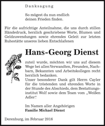 Traueranzeige von Hans-Georg Dienst  von Magdeburger Volksstimme
