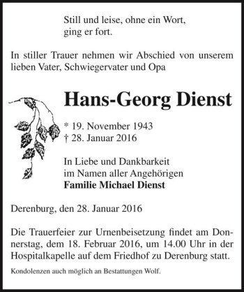 Traueranzeige von Hans-Georg Dienst  von Magdeburger Volksstimme