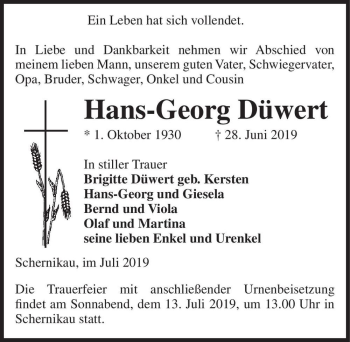 Traueranzeige von Hans-Georg Düwert  von Magdeburger Volksstimme