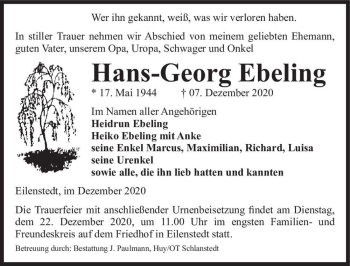Traueranzeige von Hans-Georg Ebeling  von Magdeburger Volksstimme