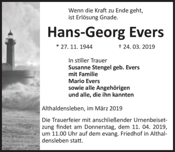 Traueranzeige von Hans-Georg Evers  von Magdeburger Volksstimme