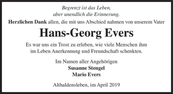 Traueranzeige von Hans-Georg Evers  von Magdeburger Volksstimme