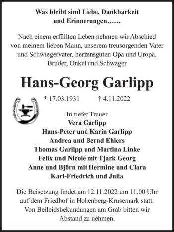 Traueranzeige von Hans-Georg Garlipp  von Magdeburger Volksstimme
