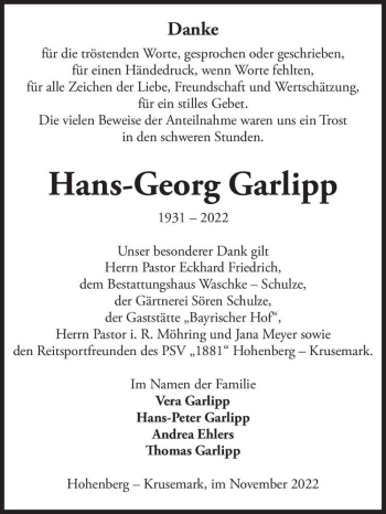 Traueranzeige von Hans-Georg Garlipp  von Magdeburger Volksstimme
