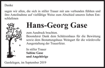 Traueranzeige von Hans-Georg Gase  von Magdeburger Volksstimme