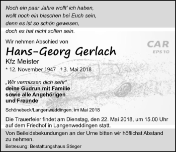 Traueranzeige von Hans-Georg Gerlach  von Magdeburger Volksstimme