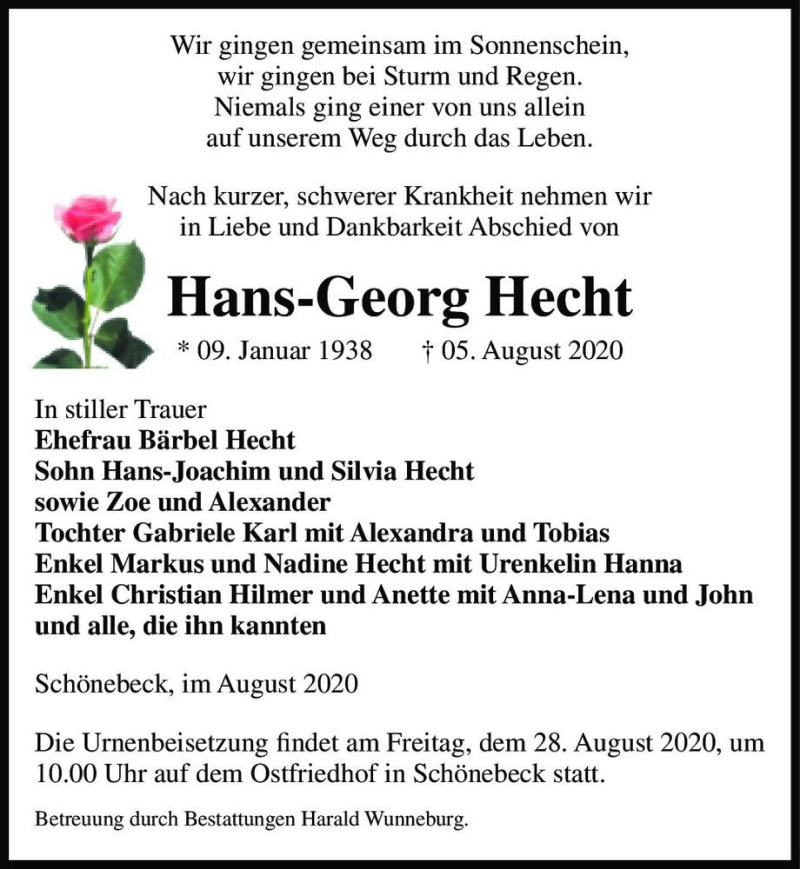  Traueranzeige für Hans-Georg Hecht  vom 15.08.2020 aus Magdeburger Volksstimme