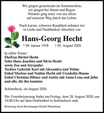Traueranzeige von Hans-Georg Hecht  von Magdeburger Volksstimme