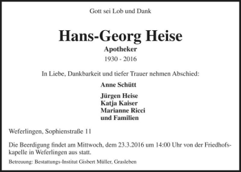 Traueranzeige von Hans-Georg Heise  von Magdeburger Volksstimme