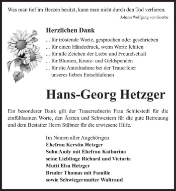 Traueranzeige von Hans-Georg Hetzger  von Magdeburger Volksstimme