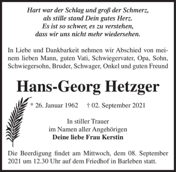 Traueranzeige von Hans-Georg Hetzger  von Magdeburger Volksstimme