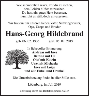 Traueranzeige von Hans-Georg Hildebrand  von Magdeburger Volksstimme