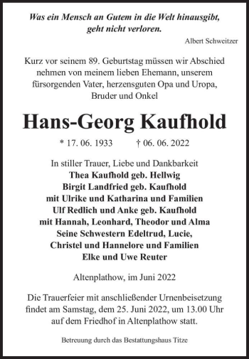 Traueranzeige von Hans-Georg Kaufhold  von Magdeburger Volksstimme