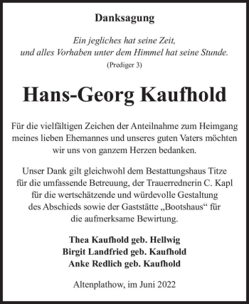 Traueranzeige von Hans-Georg Kaufhold  von Magdeburger Volksstimme