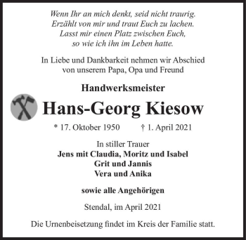 Traueranzeige von Hans-Georg Kiesow  von Magdeburger Volksstimme